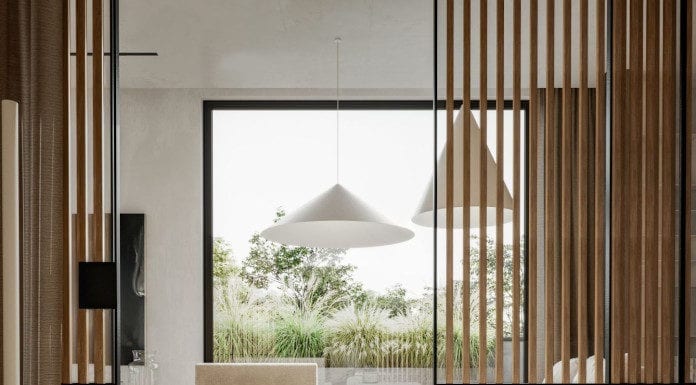 Białe wnętrza z drewnem w realizacji Studio O. białe-wnętrza-z-drewnem-pokój-dzienny-szprosy-drewniane-podłoga-drewniana-łóżko-sypialnia-lampy-wiszące