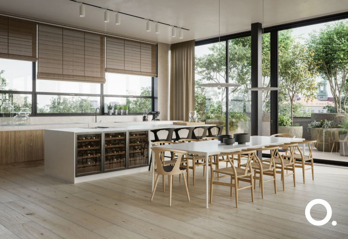 białe-wnętrza-z-drewnem-realizacja-kuchni-z-wyspą-duży-jadalny-stół-isnpriacje-okna-panoramiczne