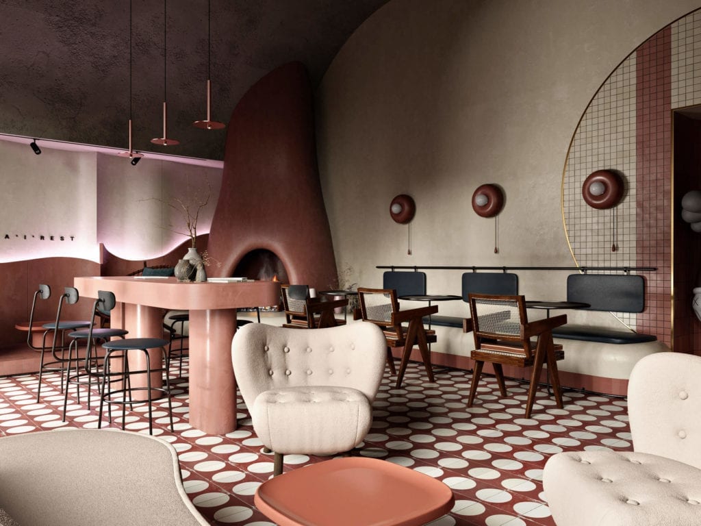 wnętrze-restauracji-trendy-2020-fotele-krzesła-pierre-jeanneret-terrakota