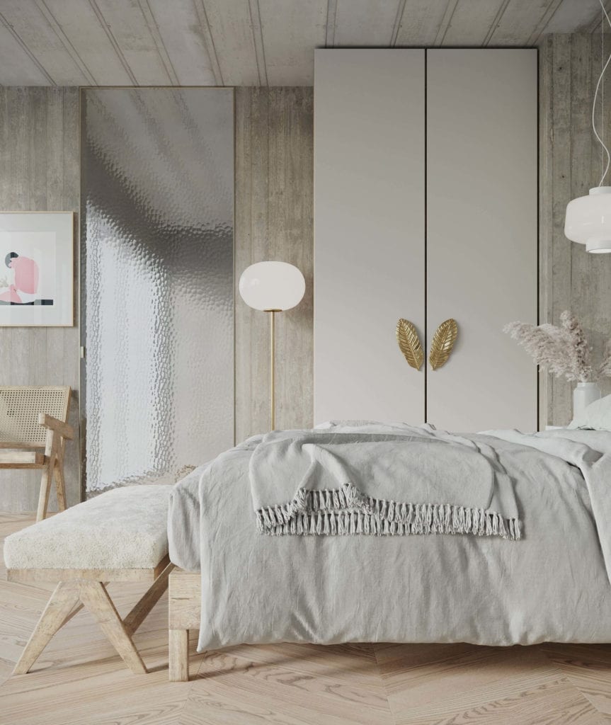 Pap-deco-uchwyt-mosiężny-w-kształcie-liścia-bananowca-inspiracje-sypialnia-szafa-łóżko-drewno-jasne-kolory
