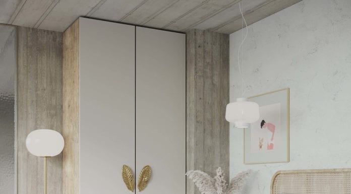 Dekoracyjne uchwyty inspirowane wiosną od PAP DECO Pap-deco-uchwyt-mosiężny-w-kształcie-liścia-bananowca-inspiracje-sypialnia-szafa-łóżko-drewno-jasne-kolory