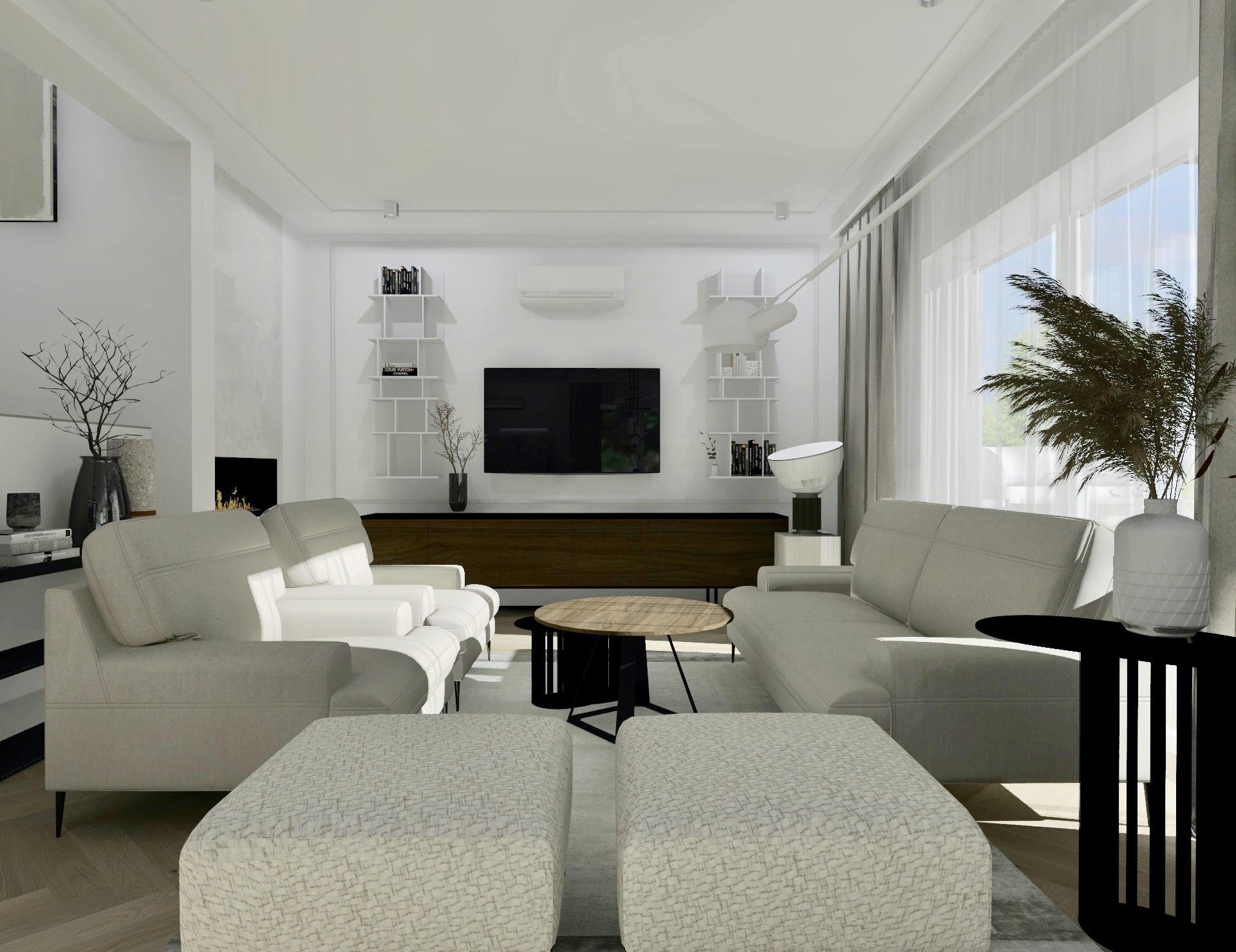 Jak-urządzić-duży-salon-z-jadalnią #domprojektantkiwnętrz beżowa sofa fotele podnóżki jadalnia 