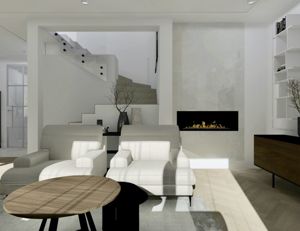 Jak-urządzić-duży-salon-z-jadalnią #domprojektantkiwnętrz kominek Dekton Helena Cosentino