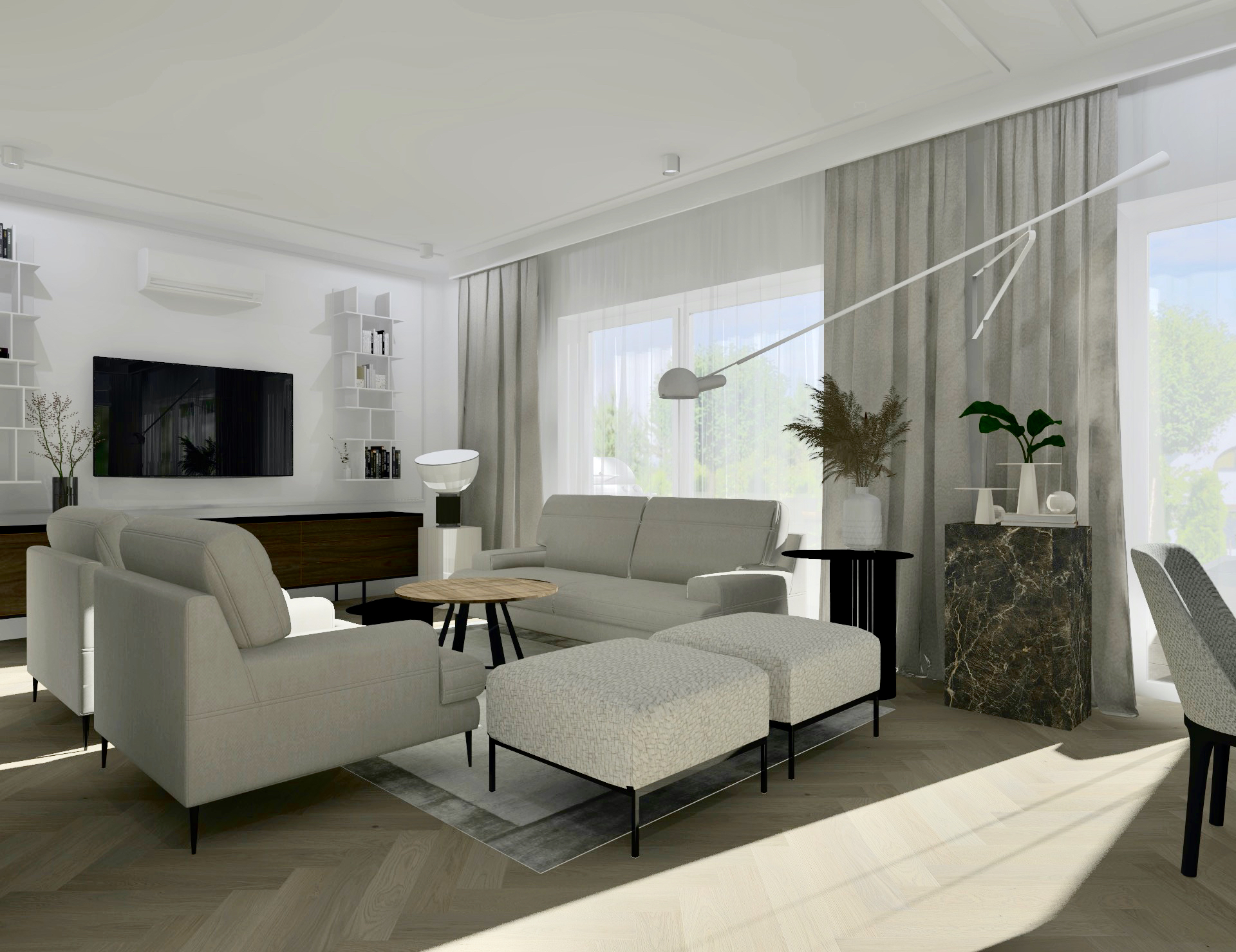 Jak-urządzić-duży-salon-z-jadalnią #domprojektantkiwnętrz sofa fotele podnóżki podłoga deska barlinecka jodła klasyczna
