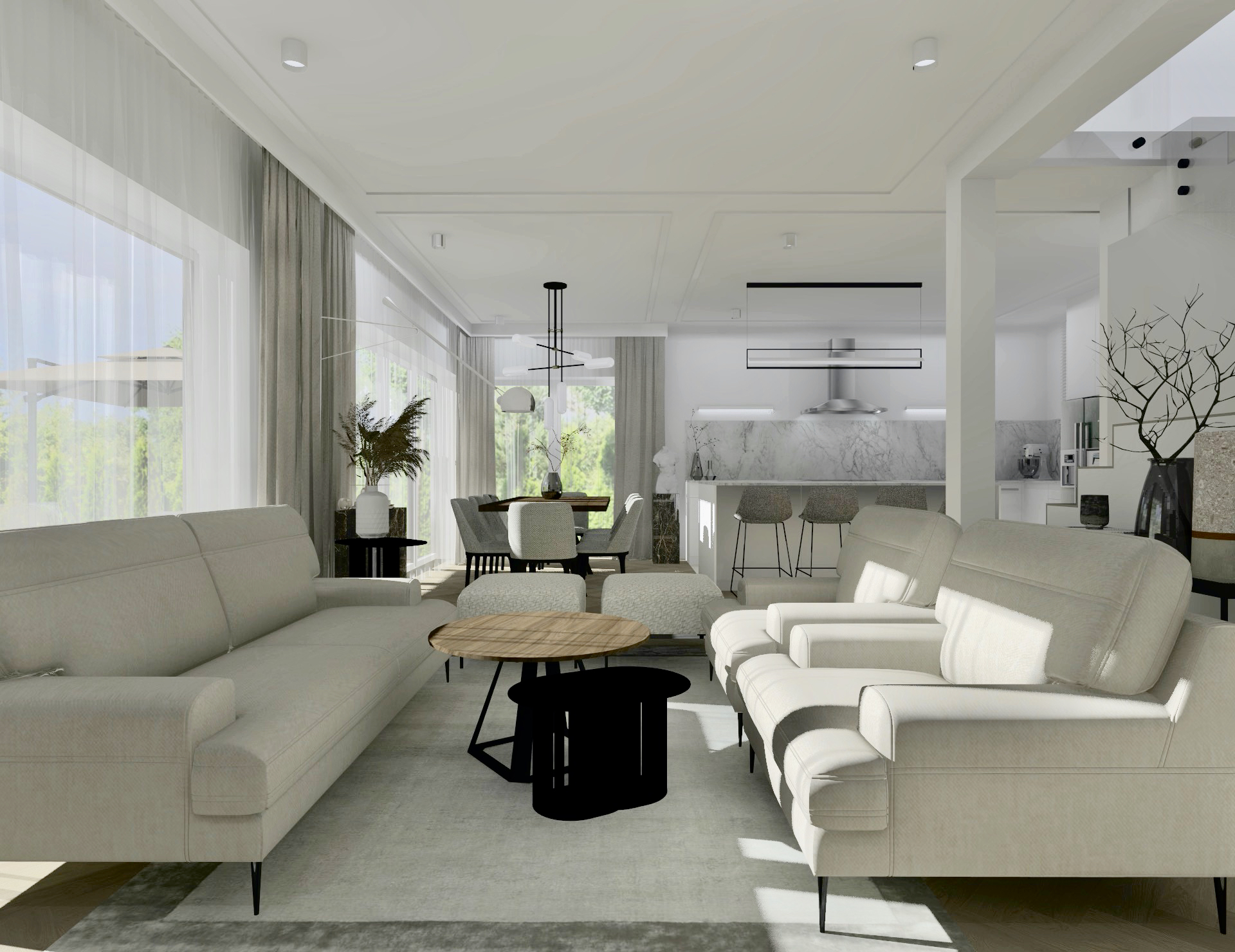 Jak-urządzić-duży-salon-z-jadalnią #domprojektantkiwnętrz beżowa sofa fotele podnóżki jadalnia 